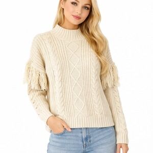 RD Style Cream Beige Cable Knit Fringe Sleeve Mock Neck Sweater Small